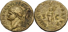 Domitian as Caesar (69-81). AE As, struck under Vespasian, 73-74. D/ Head left, laureate. R/ Felicitas standing left, holding caduceus and cornucopiae...