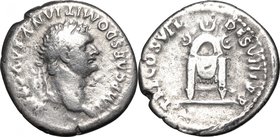 Domitian (81-96). AR Denarius, 81 AD. D/ Head right, laureate. R/ Square seat, draped, with semicircular frame; above, three crescents. RIC (2nd ed.) ...