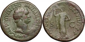 Domitian (81-96). AE Sestertius, 82 AD. D/ Head right, laureate. R/ Minerva standing left, holding scepter and resting left hand on hip. RIC (2nd ed.)...