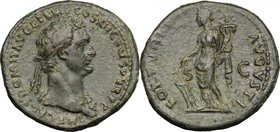 Domitian (81-96). AE As, 86 AD. D/ Bust right, laureate, wearing aegis on left shoulder. R/ Fortuna standing left, holding rudder and cornucopiae. RIC...