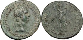 Domitian (81-96). AE As, 87 AD. D/ Head of Domitian right, laureate. R/ Virtus standing right, foot resting on helmet, holding spear and parazonium. R...