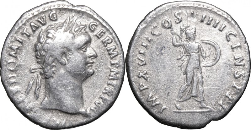 Domitian (81-96). AR Denarius, 88-89. D/ Head right, laureate. R/ Minerva advanc...