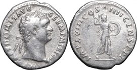 Domitian (81-96). AR Denarius, 88-89. D/ Head right, laureate. R/ Minerva advancing left, brandishing spear and holding shield. RIC (2nd ed.) 663. AR....