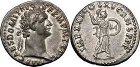 Domitian (81-96). AR Denarius, 90-91. D/ Head right, laureate. R/ Minerva advancing right, holding shield and brandishing spear. RIC (2nd ed.) 719. AR...