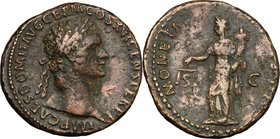Domitian (81-96). AE As, 92-94. D/ Head right, laureate. R/ Moneta standing left, holding scales and cornucopiae. RIC (2nd ed.) 756. AE. g. 10.13 mm. ...