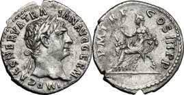 Trajan (98-117). AR Denarius, 100 AD. D/ Head right, laureate. R/ Abundantia seated left on chair made of crossed cornucopiae, holding scepter. RIC 32...