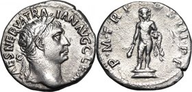 Trajan (98-117). AR Denarius, 100 AD. D/ Head right, laureate. R/ Hercules standing facing on low base, holding club downwards and lion's skin over le...