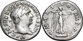 Trajan (98-117). AR Denarius, 101-102. D/ Head right, laureate, draped on left shoulder. R/ Victory standing on prow right, holding palm and wreath. R...