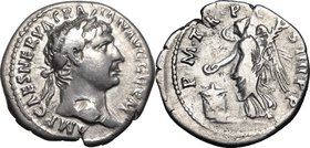 Trajan (98-117). AR Denarius, 101-102. D/ Head right, laureate. R/ Victory standing left, sacrificing from patera over lighted altar and holding palm....