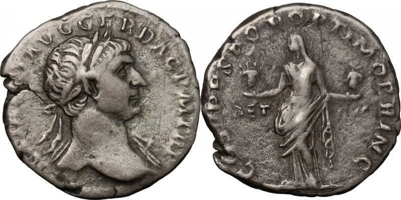 Trajan (98-117). AR Denarius, 103-111. D/ Bust right, laureate, draped on left s...
