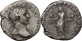 Trajan (98-117). AR Denarius, 103-111. D/ Bust right, laureate, draped on left shoulder. R/ Aeternitas standing facing, head left, holding heads of Su...