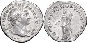 Trajan (98-117). AR Denarius, 103-111. D/ Bust right, laureate, draped on left shoulder. R/ Aequitas standing left, holding scales and cornucopiae. RI...