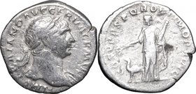 Trajan (98-117). AR Denarius, 103-111. D/ Bust right, laureate, draped on left shoulder. R/ Arabia standing left, holding branch and bundle of cinnamo...