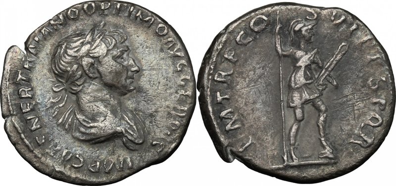 Trajan (98-117). AR Denarius, 114-117. D/ Bust right, laureate, draped. R/ Virtu...