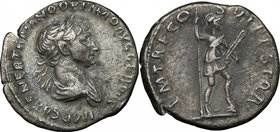 Trajan (98-117). AR Denarius, 114-117. D/ Bust right, laureate, draped. R/ Virtus standing right, left foot on helmet, holding spear and parazonium. R...