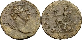 Trajan (98-117). AE Dupondius, 103-111. D/ Bust right, radiate, draped on left shoulder. R/ Roma seated left in cuirass, left foot on head of Dacian, ...
