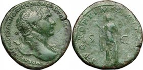 Trajan (98-117). AE Sestertius, 103-111. D/ Bust right, laureate. draped on left shoulder. R/ Spes standing left, holding flower and raising skirt. RI...