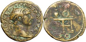 Trajan (98-117). AE Semis, 114-117. D/ Bust right, laureate, draped on left shoulder. R/ Table with vase and wreath. RIC 687. AE. g. 3.21 mm. 18.00 Ni...