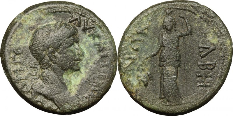 Trajan (98-117). AE 25mm, Caria, Tabae, 98-117. D/ Bust right, laureate, draped ...