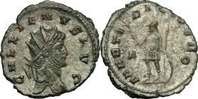 Gallienus (253-268). BI Antoninianus, 260-268. D/ Head right, radiate. R/ Mars standing left, holding olive-branch and spear and leaning on shield set...