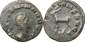 Salonina, wife of Gallienus (died 268 AD). AE Antoninianus, 260-268. D/ Bust right, diademed, draped, on crescent. R/ Doe walking left. RIC 16. AE. g....