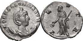 Salonina, wife of Gallienus (died 268 AD). AR Antoninianus, 253 AD. D/ Bust right, diademed, draped, on crescent. R/ Vesta standing left, holding pate...