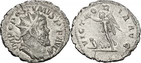 Postumus (259-268). AR Antoninianus, Lugdunum mint, 260-269. D/ Bust right, radiate, draped, cuirassed. R/ Victoria running left, holding wreath and p...