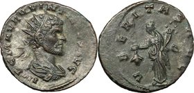 Quintillus (270 AD). BI Antoninianus, Siscia mint, 270 AD. D/ Bust right, radiate, draped. R/ Uberitas standing left, holding purse and cornucopiae. R...