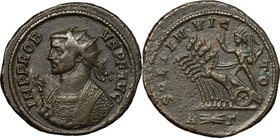 Probus (276-282). BI Antoninianus, 276-282. D/ Bust left, radiate, wearing imperial mantle, holding scepter topped by eagle. R/ Sol in chariot left, r...