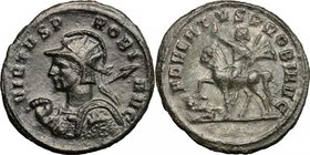 Probus (276-282). BI Antoninianus, 276-282. D/ Bust left, radiate and helmeted, holding spear and shield. R/ Emperor riding left, raising right hand a...