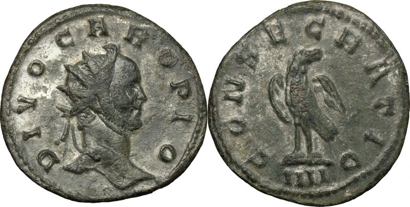 Carus (282-283). BI Antoninianus, 283 BC. D/ Head of Divus Carus right, radiate....