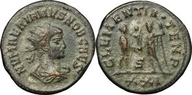 Numerian (283-284). BI Antoninianus, Cyzicus mint, 282-283. D/ Bust right, radiate, draped. R/ Numerian standing right, holding scepter and receiving ...