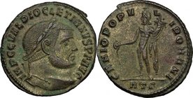 Diocletian (284-305). AE Follis, Heraclea mint, 296-297. D/ Head right, laureate. R/ Genius standing left, wearing modius on head and chlamys over lef...