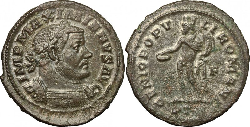 Maximian (286-310). AE Follis, Treveri mint, 303-305. D/ Bust right, laureate, d...