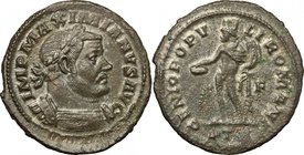 Maximian (286-310). AE Follis, Treveri mint, 303-305. D/ Bust right, laureate, draped, cuirassed. R/ Genius standing left, wearing modius on head and ...