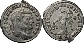 Maximian (286-310). AE Follis, Rome mint, 302-303. D/ Head right, laureate. R/ Moneta standing left, holding scales and cornucopiae; to right, star. R...