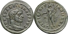 Constantius I Chlorus (293-306). AE Follis, Ticinum mint, 296-297. D/ Head right, laureate. R/ Genius standing left, wearing modius on head and chlamy...