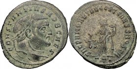 Constantius I Chlorus (293-306). AE Follis, Ticinum mint, 300-303. D/ Head right, laureate. R/ Moneta standing left, holding scales and cornucopiae. R...