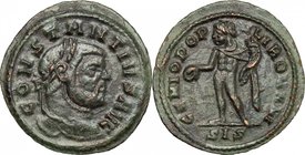 Constantius I Chlorus (293-306). AE 20mm, Siscia mint, 305-306. D/ Head right, laureate. R/ Genius standing left, wearing chlamys over left shoulder, ...
