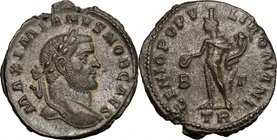 Galerius (305-311). AE Follis, Treviri mint, 296-297. D/ Head right, laureate. R/ Genius standing left, wearing modius on head and chlamys draped over...