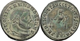 Galerius (305-311). AE Follis, Ticinum mint, 300-303. D/ Head right, laureate. R/ Moneta standing left, holding scales and cornucopiae. RIC 44b. AE. g...