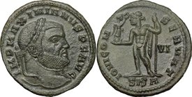 Galerius (305-311). AE Follis, Siscia mint, 305-307. D/ Head right, laureate. R/ Jupiter standing left, wearing chlamys over left shoulder, holding Vi...