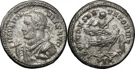 Licinius I (308-324). Base silver Argenteus, Treveri mint, 309-313. D/ Bust left, laureate, cuirassed, holding thunderbolt and scepter. R/ Jupiter sea...