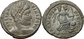 Constantine I (307-337). AE 20mm, Treveri mint, 323-324. D/ Head right, laureate. R/ Victoria advancing right, holding trophy and pushing seated capti...