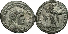 Constantine I (307-337). AE 20mm, Siscia mint, 317 AD. D/ Bust right, laureate, cuirassed. R/ Sol standing left, wearing chlamys over left shoulder, r...