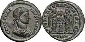 Constantine I (307-337). AE 20mm, Siscia mint, 319 AD. D/ Bust right, laureate, draped, cuirassed. R/ Two Victoriae standing facing each other and hol...