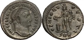 Constantine I (307-337). AE 23mm, Cyzicus mint, 312-313. D/ Head right, laureate. R/ Genius standing left, wearing modius on head and chlamys draped o...