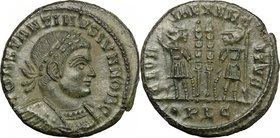 Constantine II as Caesar (317-337). AE 16mm, Lugdunum mint, 330-331. D/ Bust right, laureate, cuirassed. R/ Two soldiers standing facing each other, h...