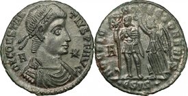 Constantius II (337-361). AE 23mm, Siscia mint, 350 AD. D/ Bust right, diademed, draped, cuirassed. R/ Emperor standing facing, head left, holding ban...