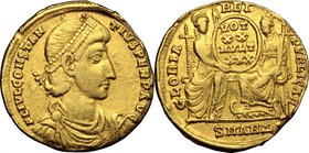 Constantius II (337-361). AV Solidus, Antioch mint, 347-355. D/ Bust of Constantius right, diademed, draped, cuirassed. R/ Roma (left) and Constantino...